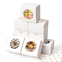 4-Inch Small Cookie Boxes 50Pcs White - Bakery Treat Box with Window for Valentines Gifting, To-go Containers for Cake Slice, Macarons, Donuts 4x4x2.5