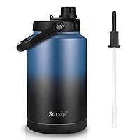 Sursip One Gallon Insulated Water Jug wtih Straw,128 Oz Water Bottle,18/8 Food-grade,Keep Drinking Hot and Cold,Sweat Proof,Great for Travel/Hiking/Camping/Sports/Gaming/Gift(Blue&Black)