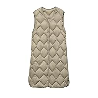 Women Long Button Down V Neck Puffer Vest Sleeveless Quilted Lightweight Padded Jacket Splid Side Solid Waistcoat