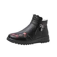 Fleece Lined Boots for Women Retro Novelty Round Toe Waterproof Warm Faux Plush Mid Heel Mid Calf Boots,JH100