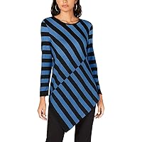 Alfani Womens Stripe Asymmetrical-Hem Tunic Sweater