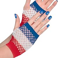 Red, White & Blue Fishnet Fingerless Gloves - One Size - Perfect Patriotic Accessory For Costume Parties, Festivals, and School Events - 2 Pcs