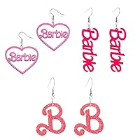 3 Pack Pink Ba-bie Earrings Hot Pink Earrings Love Earrings Heart Earrings Christmas Earrings For Women Girls