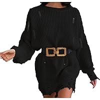 Lightning Deals Women's Fashion Sweater Short Dress Oversized Long Sleeve Tunic Jumper Dress Solid Ripped Hem Knit Tunic Dresses Vestido Suéter Mujer Black