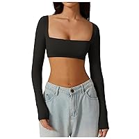 Women's Going Out Tops Square Neck Long Sleeve T Shirts Solid Color Bottom Gentle Sleeved Short Top, S-XL
