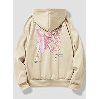 Guys Butterfly & Slogan Graphic Raglan Sleeve Drawstring Thermal Hoodie (Color : Apricot, Size : Large)