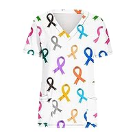 Womens Work Scrub Tops Short Sleeve Blouses for Women V Neck Loose Fit Long Breast Cancer Fall Summer Shirts 2024