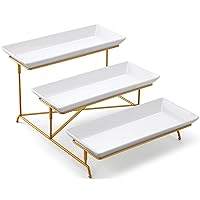 3 Tier Serving Tray Set 14 Inch Porcelain Tiered Serving Platters, Collapsible Sturdier Stand with Stable Cross Bars, Three Layer Serving for Party Entertaining Food Display Fruit Dessert