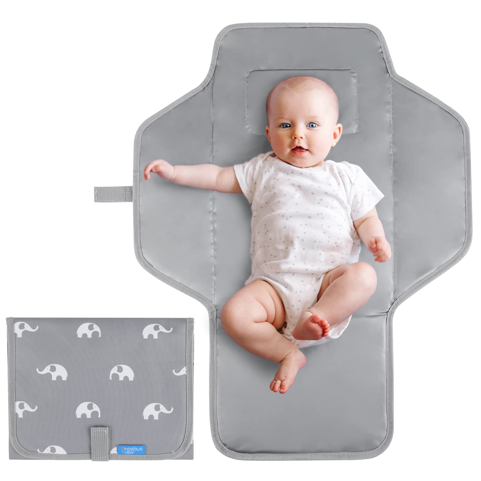 PHOEBUS BABY Portable Changing Pad Travel - Waterproof Compact Diaper Changing Mat with Built-in Pillow - Lightweight & Foldable Changing Station, Newborn Shower Gifts(Cute Elephant)