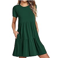 Especiales Del Dia De Hoy Summer T-Shirt Dress for Women Short Sleeve with Pocket Casual Tunic Dress Ruffle Pleated Swing Sundress Casual Sundresses Women Summer Clothes Green