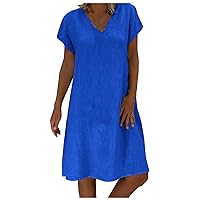 Short Sleeve Dress for Women, Summer 2024 Casual Short V Neck Ruffle Midi Flowy Dresses Tank Boho Beach Dress Women Long House Dresses Women with Pockets Western Dress Women (5XL, Blue)