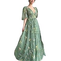 Women's Puffy Sleeve Prom Dresses Fair Flower Embroidery Tulle Green Formal Evening Party Gowns