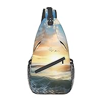 Ocean Sunset Print Sling Backpack Travel Sling Bag Casual Chest Bag Hiking Daypack Crossbody Bag For Men Women