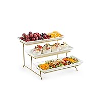 LAUCHUH Large 3 Tier Serving Stand Tiered Serving Trays Collapsible Sturdier Rack with 3 Porcelain Serving Platters for Fruit Dessert Presentation Mother's Day Christmas Party Display Set, 14 Inch