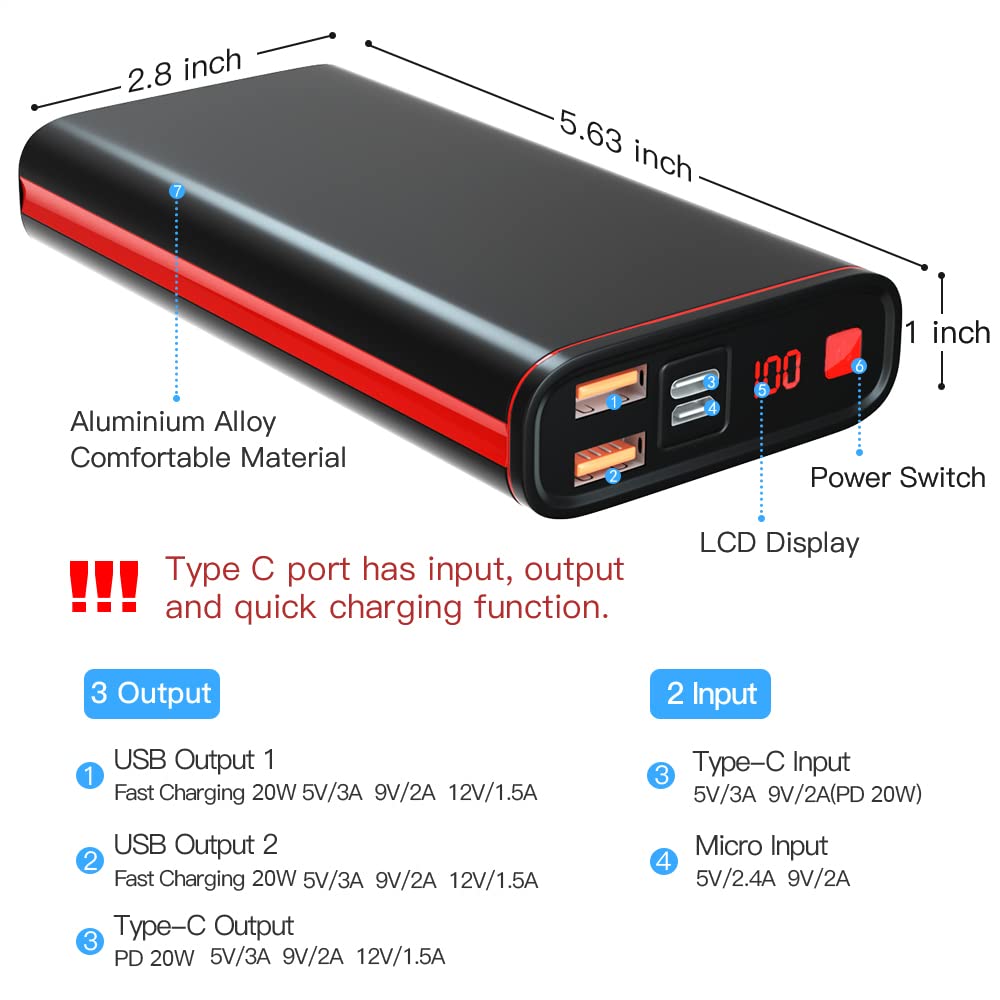 SmilePowo Metal Portable-Charger-Power-Bank,PD 20W 26800mAh,Output 5V 3A LCD Digital Display Fast Charging Power Bank,Compatible with iPhone,Samsung Galaxy,Google Pixel 4 Phone,Tablet,Android