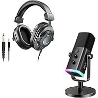 FIFINE XLR/USB Microphone and Studio Monitor Headphones Set, Computer Recording Mic with Mute Button, RGB, Over Ear Wired Headset Pack for YouTube Podcasting Streaming Gaming (AM8+H8)