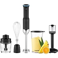 Cordless Portable Immersion Blender 5-in-1 Blender Set, Ice Crushing Power with One-Touch Speed Control, Comes with Potato Masher, Whisk, Chopper, Beaker, and Storage Case, Stainless Steel