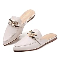 Metal Chain Decor Flat Mules for Women Closed Pointed Toe Slip on Loafers Slides Backless Mules Shoes