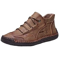 Men's short boots autumn sewn leather boots high cut leather upper flat bottom, outdoor work clothes, casual shoes