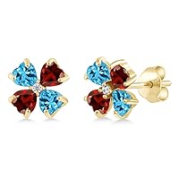 Gem Stone King 18K Yellow Gold Plated Silver Swiss Blue Topaz and Red Garnet Earrings For Women | 2.67 Cttw | Gemstone November Birthstone | Heart Shape 4MM