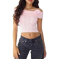 Women Y2k Off The Shoulder Top Lace Trim Floral Crop Top Short Sleeve Ribbed Fitted T Shirts Coquette Aesthetic Clothes