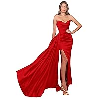 Mermaid Prom Dresses Strapless Long Ball Gown Satin Ruched Formal Evening Party Dress High Split