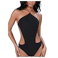 MakeMeChic Women's Casual Solid Cut Out Halter Bodysuit Sexy Sleeveless Backless Leotard One Piece Body Suit