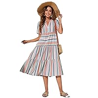 Summer Dresses for Women 2023 Striped Notched Neck Midi Smock Dress