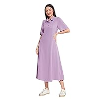 Women's Dress Solid Polo Collar Dress - Lilac Purple, Casual, Button Front, Short Sleeve, Loose Fit