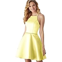 Women's Spaghetti Straps Beaded Satin Short Cocktail Party Dresses with Pockets