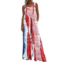 4th of July Jumpsuits for Women 2024 Print Casual Versatile Loose Fit with Sleeveless Wide Leg Patriotic Rompers