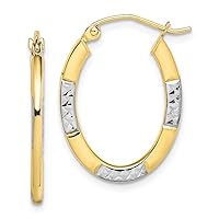 10k Yellow Gold with Rhodium-Plating Shiny-Cut Oval Hoop Earrings