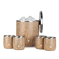 Snowfox Premium Vacuum Insulated Stainless Steel 3L Ice Bucket With Lid/Scoop and 4 Rocks Glasses Set-Home Bar Accessories-Elegant Bartending-Beautiful Outdoor Entertaining Supplies-Natural Teak