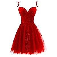 Lace Applique Homecoming Dresses 2023 Spaghetti Straps Tulle Prom Dresses for Teens Sweetheart Mini Cocktail Gown