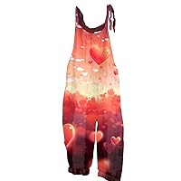 Womens Rompers and Jumpsuits Cotton Linen Adjustable Straps Valentines Day Heart Printed Bodycon Jumpsuit for Women
