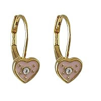 Gold Finish Light Pink Enamel Crystals Heart Girls Earrings