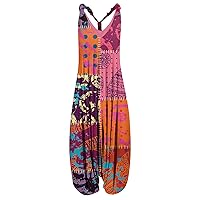 Multicolor Ethnic Style Women Summer Dungarees Wide Leg Jumpsuit Loose Fit Playsuits Summer Boho Romper Sleeveless Strappy Overalls Racerback Jumpsuit Spaghetti Straps Vintage Jumpsuit
