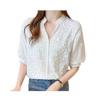 Short Sleeve Blouse Women -Neck Women' Clothing Summer Tops Embroidery Cotton White Shirts