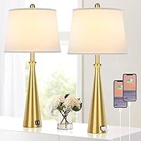 Table Lamps Set of 2 with 2 USB Charging Ports, Gold Bedside Lamp with Rotary Switch, 26.4” Tall Brass Nightstand Lamp with White Shade, Desk Lamp with E26 Edison Socket for Living Room Bedroom Office