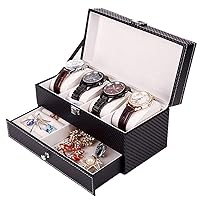 4 Slot Watch Box Organiser Premium Jewelry and Wristwatch Display Case Carbon Fiber Design with Jewellery Drawer Black Wooden Watch Holder