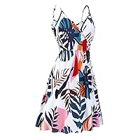 Women's Bohemian Dress Casual Summer Sleeveless Knee Length Flowy Foral Print Hawai Swing Beach V-Neck Trendy