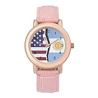 American and Argentina Flag PU Leather Strap Watch Wristwatches Dress Watch for Women