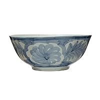 Creative Co-Op Hand Painted Stoneware Floral Design, Blue and White Bowl