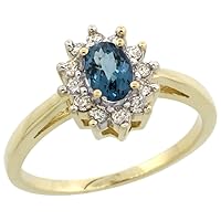 Silver City Jewelry 10K Yellow Gold Natural London Blue Topaz Flower Diamond Halo Ring Oval 6x4 mm, Sizes 5 10