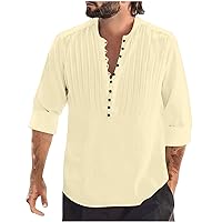 Oversized Tshirts Shirts for Men Button Solid Blouse Top Long Sleeve V Neck Ruched Tee Tunic Pullover Fall Winter