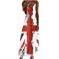 Womens Fashion Tie Dye American Flag Sun Dress Summer Spaghetti Strap Sleeveless V Neck Casual Flowy Maxi Dress