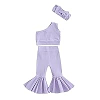 Toddler Baby Girl Clothes Solid Color One Shoulder Ribbed Tank Top Flare Pants Headband Set 3Pcs Summer Outfits