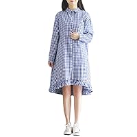 Women's Casual Loose Plaid Button Down Long Sleeve Cotton Linen Shirt Dress