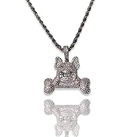 Bull Dog Pendant Cute little Pug puppy Bone Charm Men Women 925 Italy Rhodium Finish Iced Silver Charm Pendant Stainless Steel Real 3 mm Rope Chain, Mans Jewelry, Rope Necklace 16