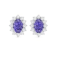 Diamondere Natural and Certified Oval Tanzanite and Diamond Halo Petite Earrings in 14k White Gold | Earrings for Women